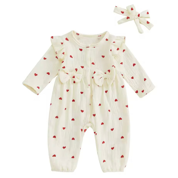 Baby Girl Onesie Ruffles & Bow - Cream & Red Hearts From 1love2hugs3kisses ibiza