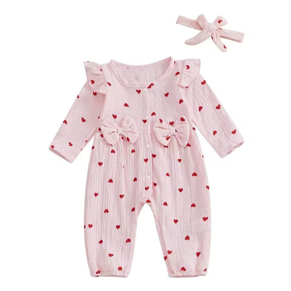 Baby Girl Onesie Ruffles Bow Pink Hearts available at 1love2hugs3kisses ibiza