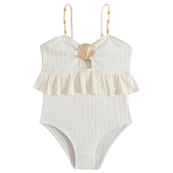 Baby Girl Seashell Frill Swimsuit – Cream Available at 1love2hugs3kisses Ibiza