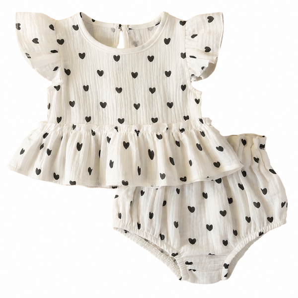 Baby Heart Frill Muslin Top & Bloomer Set - White Available at 1love2hugs3kisses Ibiza