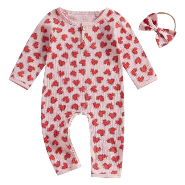 Baby Heart Print Jumpsuit & Headband – Pink Available At 1love2hugs3kisses Ibiza