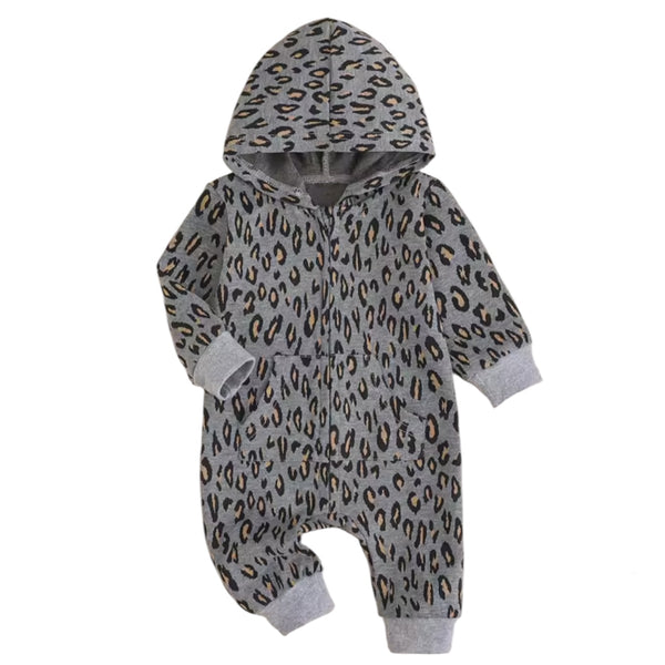 Baby Hooded Jumpsuit Grey Leopard allover Available at 1love2hugs3kisses Ibiza