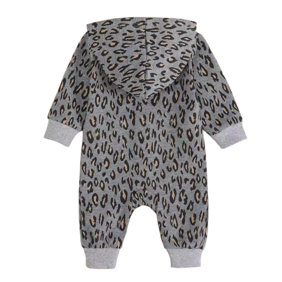 Baby Hooded Jumpsuit Grey Leopard allover Available at 1love2hugs3kisses Ibiza