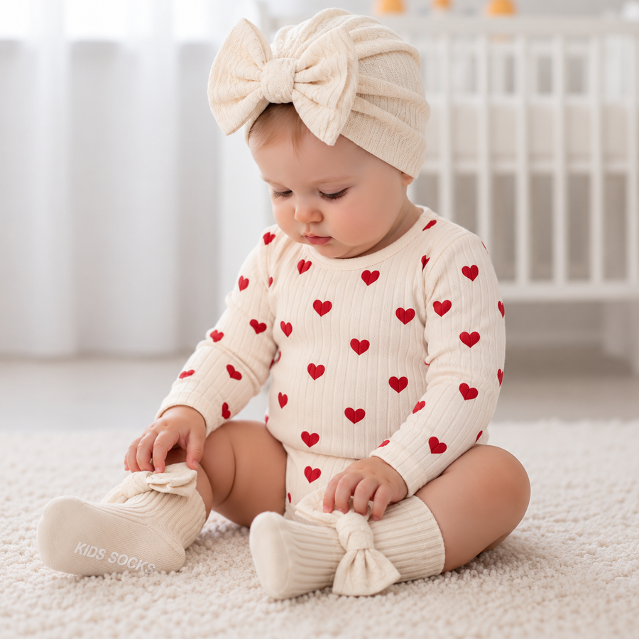 Baby Knitted Hat & Bow Socks Set – Cream Available at 1love2hugs3kisses Ibiza
