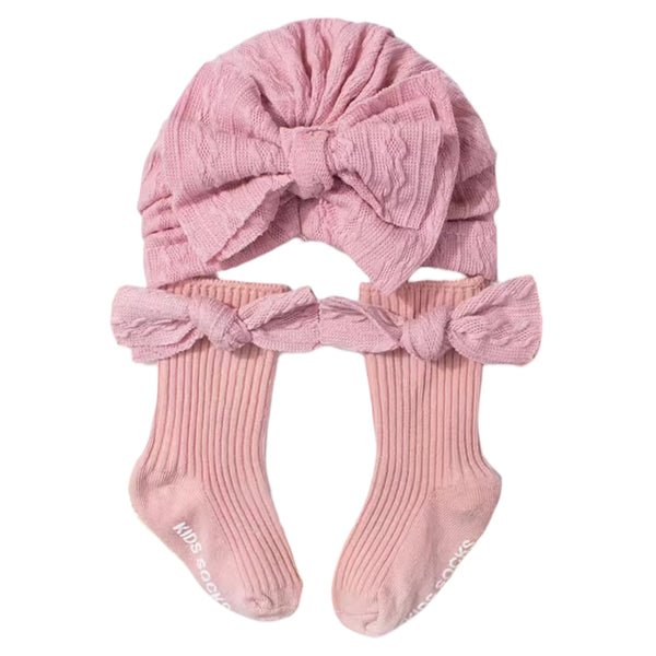 Baby Knitted Hat & Bow Socks Set – pink Available at 1love2hugs3kisses Ibiza