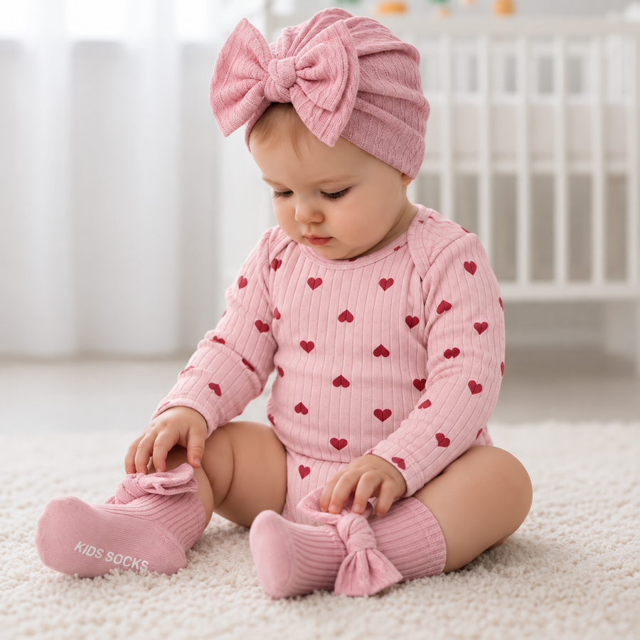Baby Knitted Hat & Bow Socks Set – pink Available at 1love2hugs3kisses Ibiza