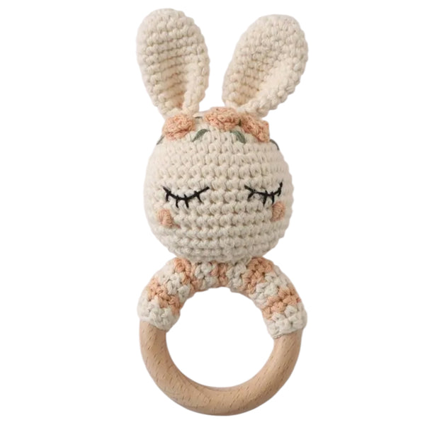 Baby Rattle Crochet Floral Bunny Teether – Cream Available at 1love2hugs3kisses Ibiza