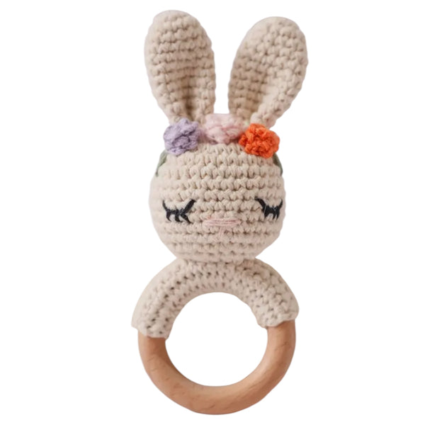 Baby Rattle Crochet Flowers Bunny Teether – Cream Available at 1love2hugs3kisses Ibiza