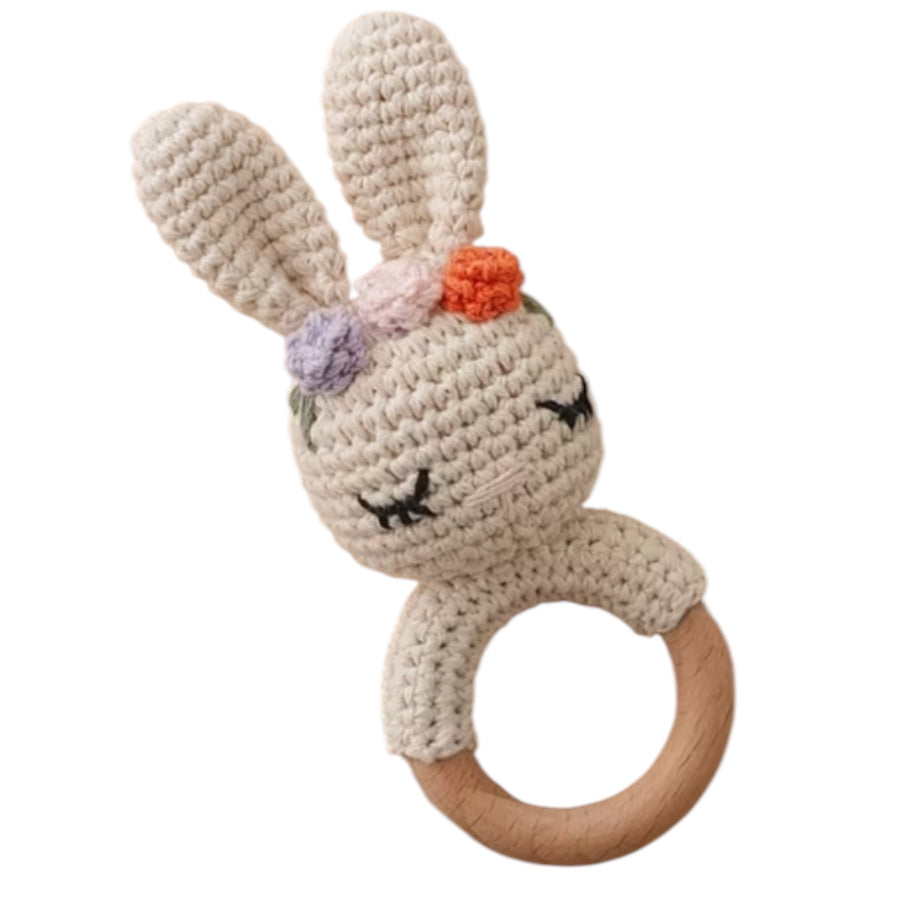 Baby Rattle Crochet Flowers Bunny Teether – Cream Available at 1love2hugs3kisses Ibiza