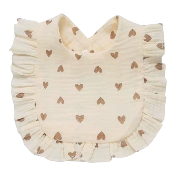 Baby Ruffle Heart Muslin Bib – Beige Hearts available at 1love2hugs3kisses ibiza