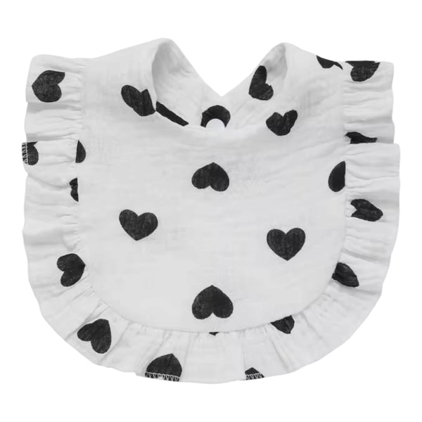 Baby Ruffle Heart Muslin Bib – Black Hearts Available at 1love2hugs3kisses ibiza