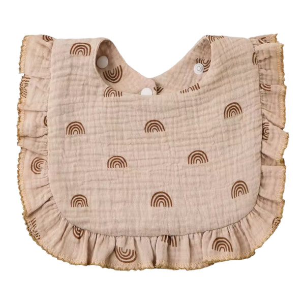 Baby Ruffle Muslin Bib – Khaki Rainbow Available at 1love2hugs3kisses Ibiza