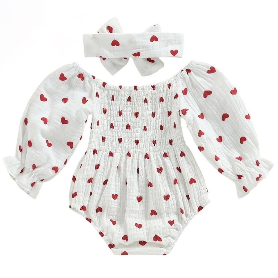 Baby White Onesie Longsleeve Red Hearts + Bow Available at 1love2hugs3kisses Ibiza