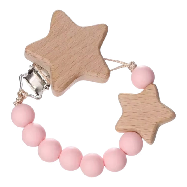 Baby Wooden Double Star Pacifier Clip – Light Pink Available at 1love2hugs3kisses Ibiza