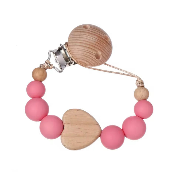 Baby Wooden Heart Pacifier Clip Chain - Pink From 1love2hugs3kisses ibiza