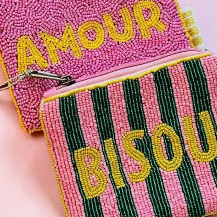 Bisou Beaded Pouch - Pink Available at 1love2hugs3kisses Ibiza 