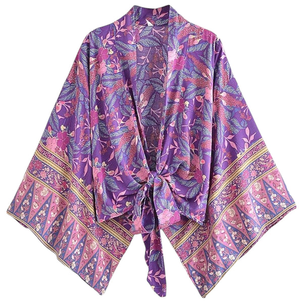Bohemian Floral Kimono Tie Top - Deep Purple From 1love2hugs3kisses Ibiza