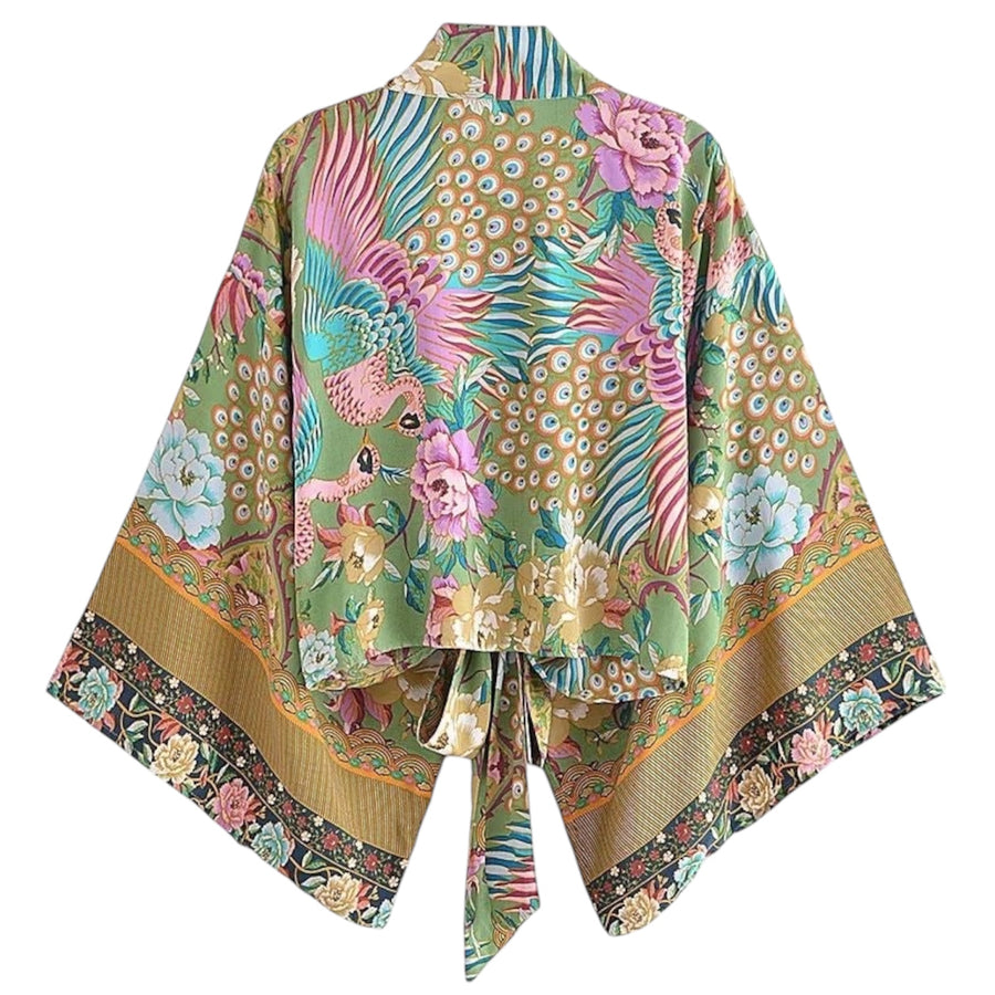 Bohemian Kimono Tie Top – Mystic Peacock / Green Available at 1love2hugs3kisses Ibiza