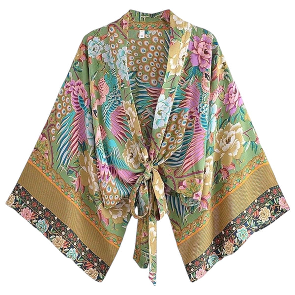 Bohemian Kimono Tie Top – Mystic Peacock / Green Available at 1love2hugs3kisses Ibiza