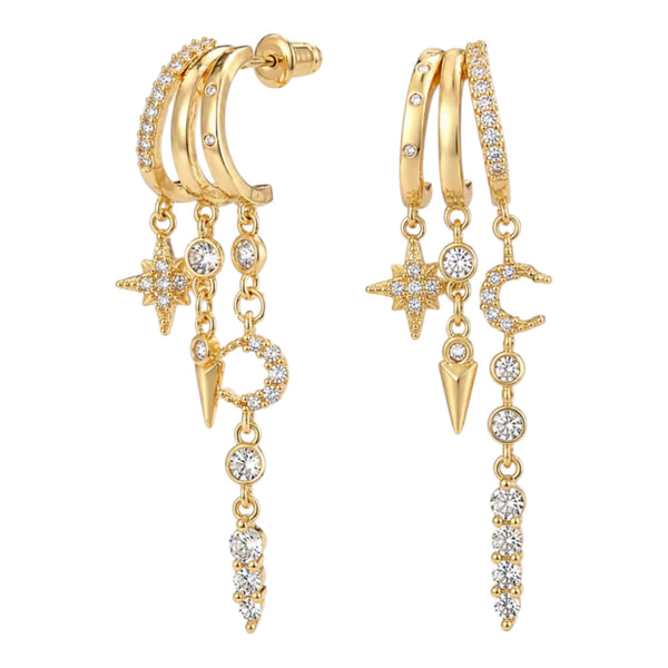 Celestial Charm Drop Earrings – Gold Available at 1love2hugs3kisses Ibiza 