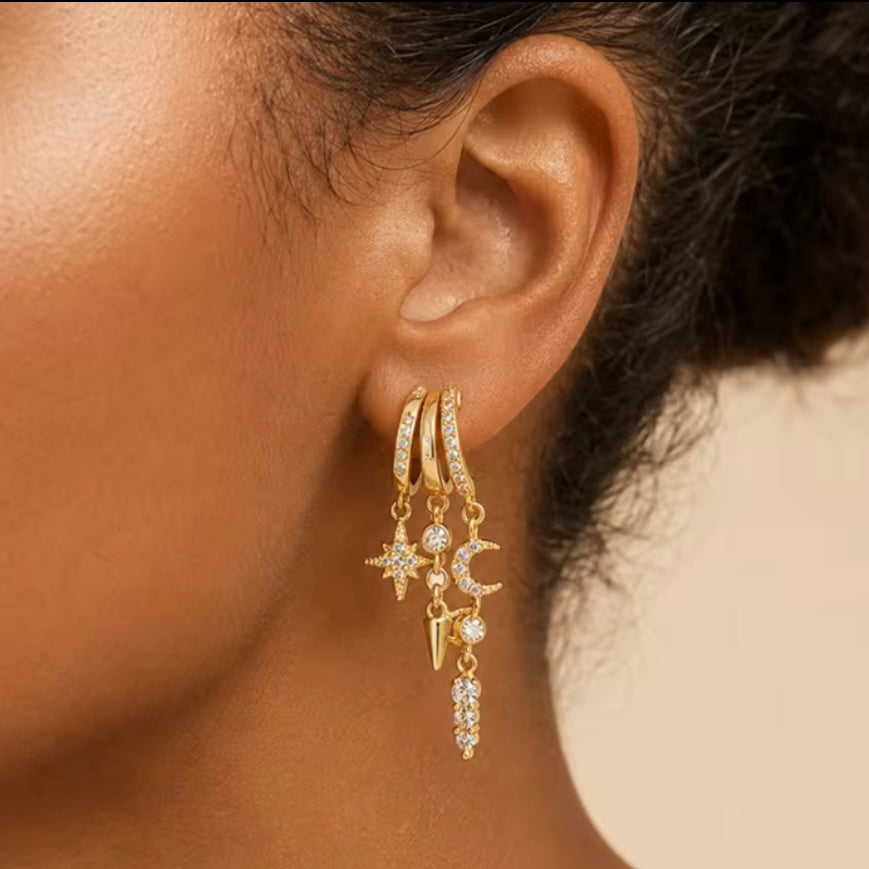 Celestial Charm Drop Earrings – Gold Available at 1love2hugs3kisses Ibiza 