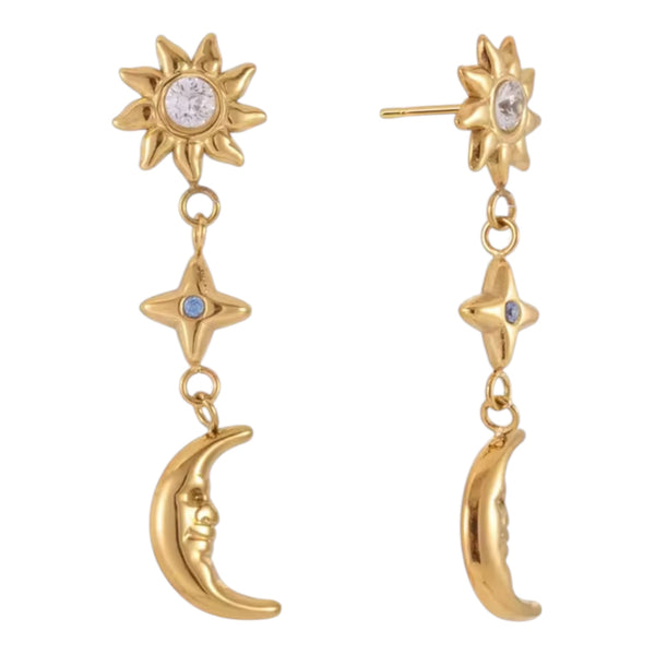 Celestial Sun Moon Star Earrings – Gold Available at 1love2hugs3kisses Ibiza