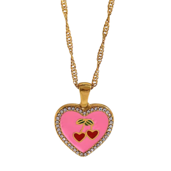 Gold heart necklace with pink enamel and cherry detail, Cherry Love Heart Necklace