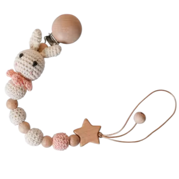 Crochet Bunny Pacifier Clip Chain – Pink Available at 1love2hugs3kisses Ibiza