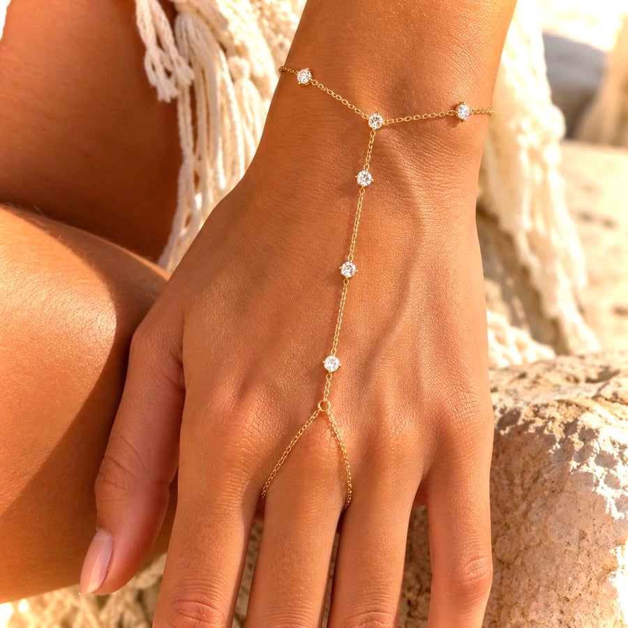 Crystal Hand Chain Bracelet – Gold Available at 1love2hugs3kisses Ibiza