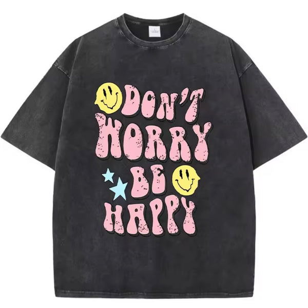 Don’t Worry Be Happy Womens Tee – washed.Black available at 1love2hugs3kisses ibiza