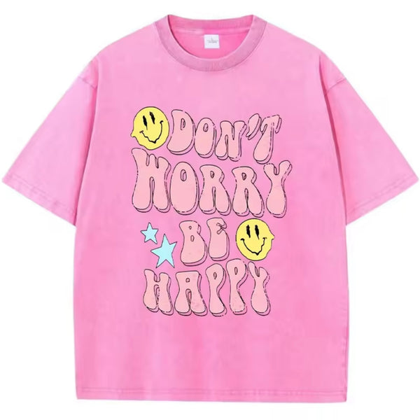Don’t Worry Be Happy Womens Tee – Pink  available at 1love2hugs3kisses ibiza