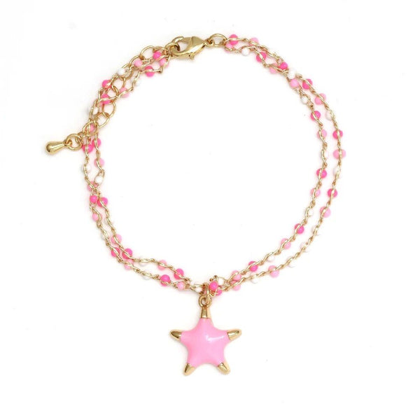 18k Gold Plated Enamel Star Charm Pendant Double Chain Bracelet Light Pink from 1love2hugs3kisses ibiza