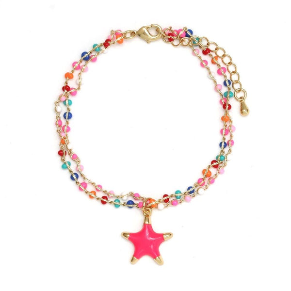 18k Gold Plated Enamel Star Charm Pendant Double Chain Bracelet Pink from 1love2hugs3kisses ibiza