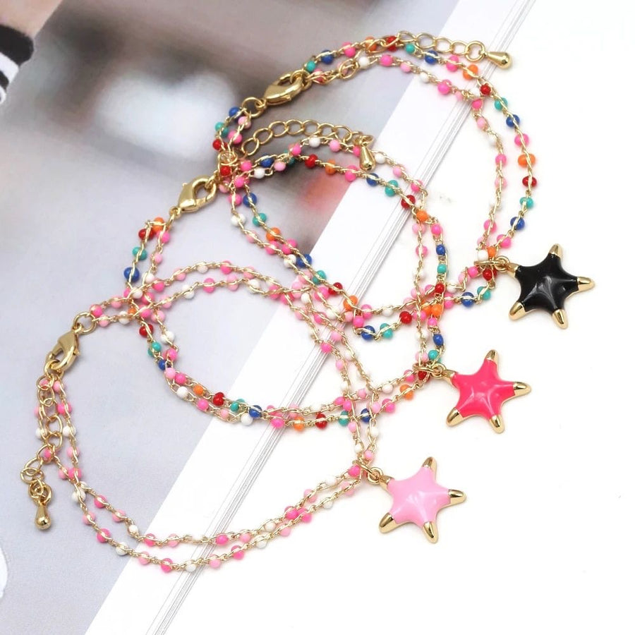 18k Gold Plated Enamel Star Charm Pendant Double Chain Bracelet Pink from 1love2hugs3kisses ibiza