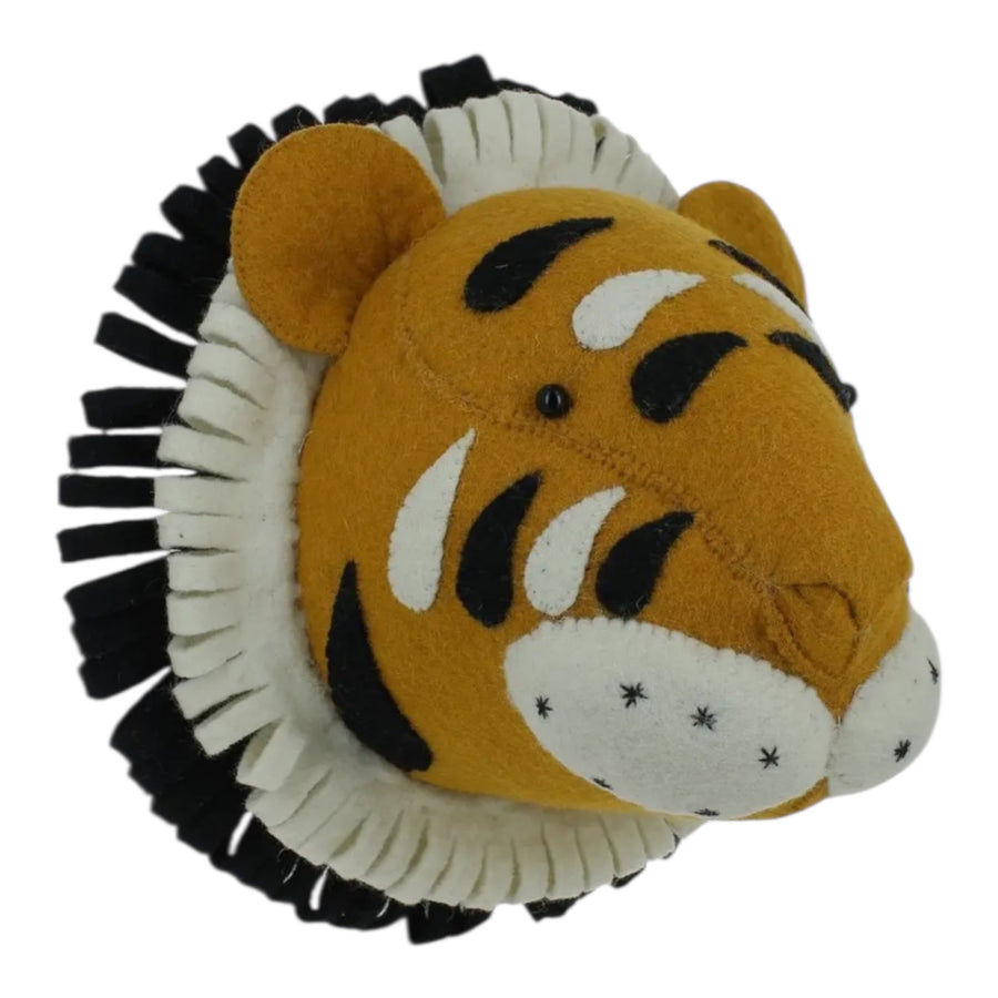 Handmade wool felt tiger animal head wall decor by Fiona Walker England for children’s room