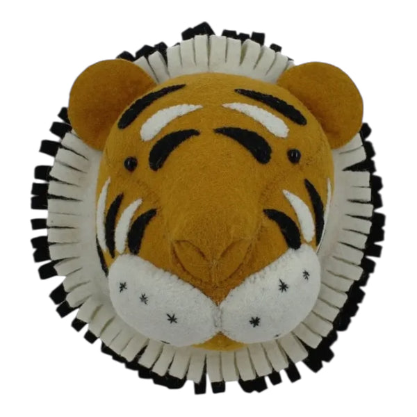 Handmade wool felt tiger animal head wall decor by Fiona Walker England for children’s room