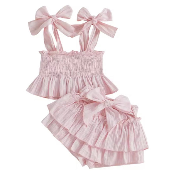 Girls Bow Tie Summer Set – Pink Available at 1love2hugs3kisses Ibiza
