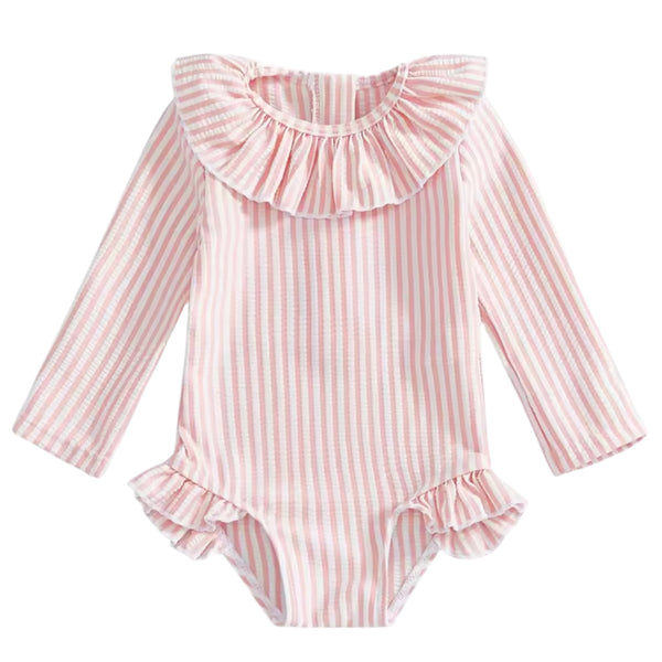 Girls Seersucker Frill Long Sleeve Swimsuit – Pink Available at 1love2hugs3kisses Ibiza