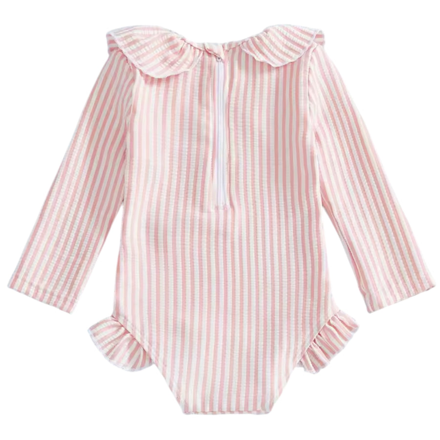 Girls Seersucker Frill Long Sleeve Swimsuit – Pink Available at 1love2hugs3kisses Ibiza