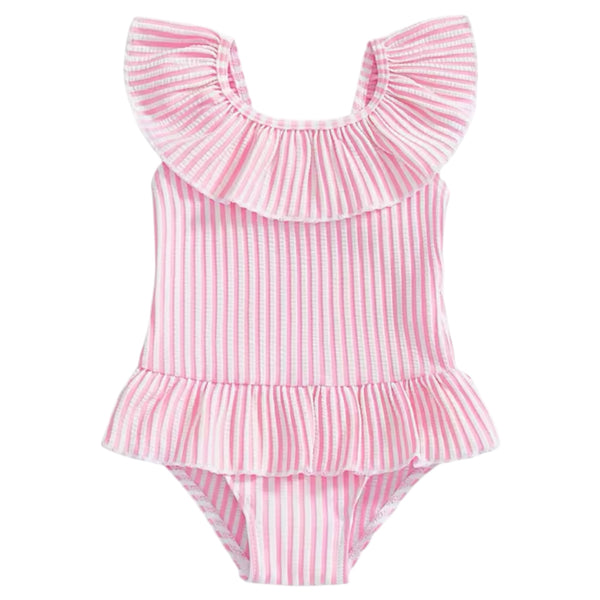 Girls Seersucker Frill Swimsuit – Pink Available at 1love2hugs3kisses Ibiza