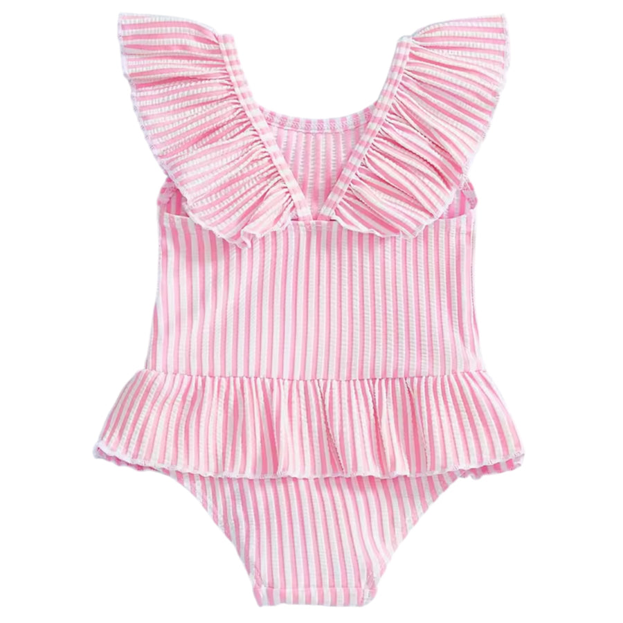 Girls Seersucker Frill Swimsuit – Pink Available at 1love2hugs3kisses Ibiza