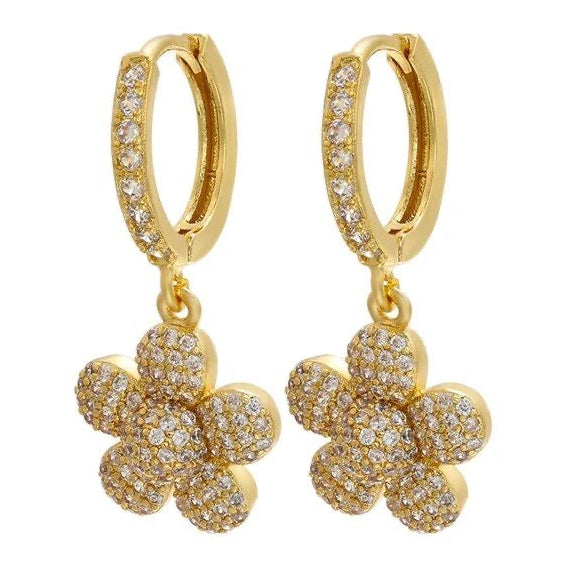 Gold zirconia flower charm huggie earrings with dangling floral design