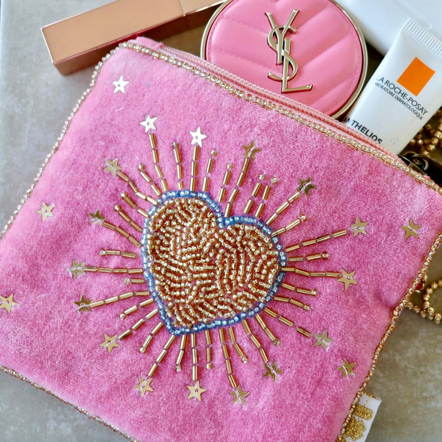 Heart Burst Beaded Pouch – Pink Available at 1love2hugs3kisses Ibiza