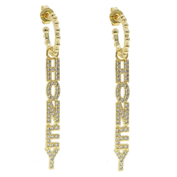 Gold honey letter drop earrings with zirconia stones