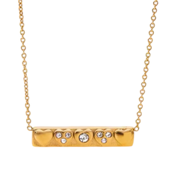 Gold bar necklace with heart details and clear crystal stones on fine chain