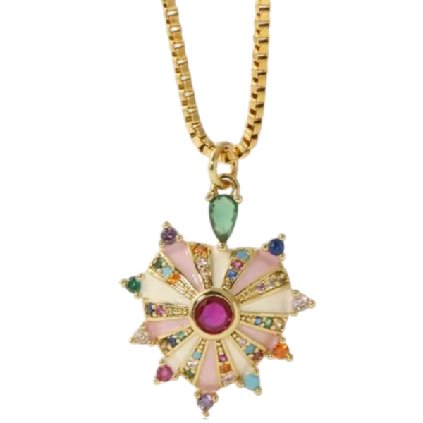 Ibiza Rainbow Heart Sunburst Necklace available at 1love2hugs3kisses ibiza