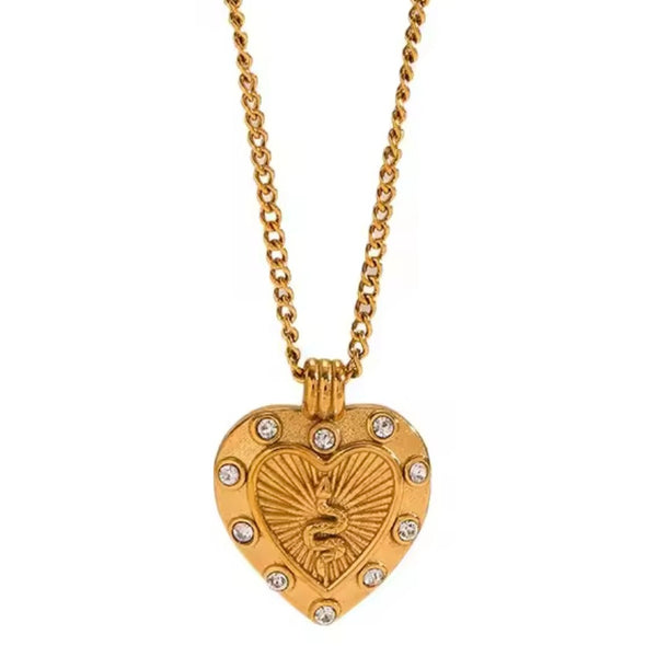 Gold heart necklace with snake symbol and crystal details on an 18K gold-plated stainless steel chain