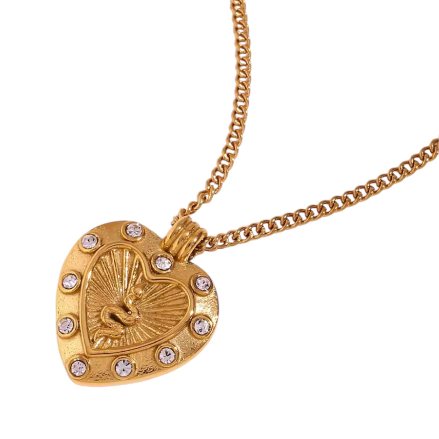 Gold heart necklace with snake symbol and crystal details on an 18K gold-plated stainless steel chain