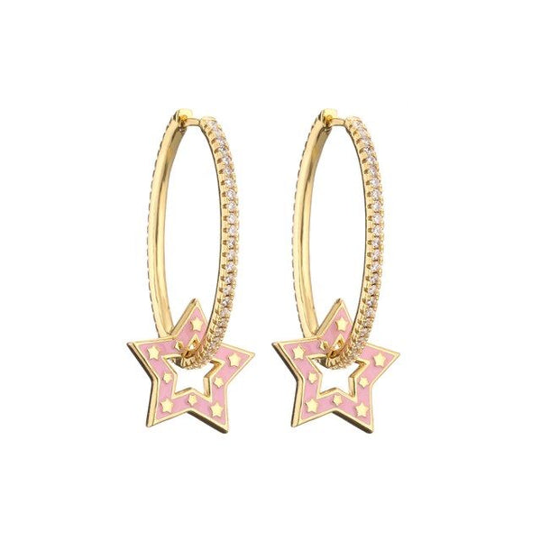 1Love 2Hugs 3Kisses Enamel Star Hoop Earrings Light Pink