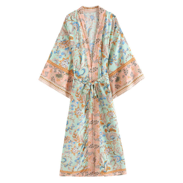 1love2hugs3kisses Long Kimono Mint Green-Peach Flowers